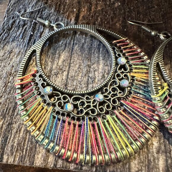 Boho Hippie Cowgirl Threaded Loop Wire Drop Earrings, Multicolor, Gift Box - Picture 5 of 7
